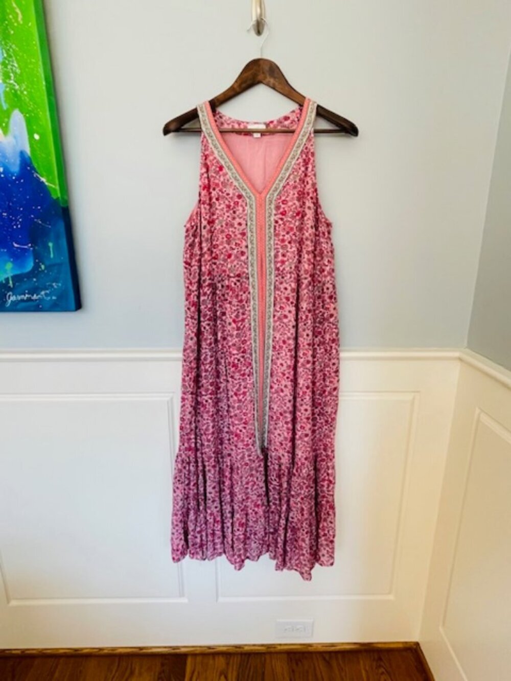 J. JIll Relaxed Fit Flounce Hem Sleeveless Pink Floral Maxi Dress Large Petite - Picture 2 of 9